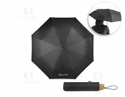 Guarda-chuva rPET 190T pongee, com varetas em fibra de vidro e pega em madeira. Guarda-chuva dobrável em 3 etapas, com abertura e fecho automático e à prova de vento. Fornecido em bolsa. Guarda-Chuva: ø990 x 285 mm