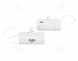 Power bank 5.000mAh plástico com indicadores de bateria em LED, contém haste de suporte para celulares com a entrada Lightning e cabo tipo-C acoplado. Acompanha cabo USB Tipo-C.