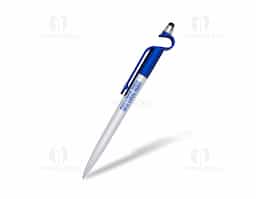 Caneta plástica com suporte para celular e touch screen. Carga esferográfica azul e acionamento por rotação.
