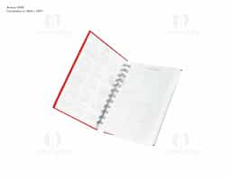 Agenda 2026 com capa emborrachada e encadernação em Wire-O metálico. Conta com páginas dedicadas para dados pessoais, calendários de 2025 a 2027, orçamento pessoal, planejamento mensal, espaço para anotações diárias e lista de contatos e aniversários.