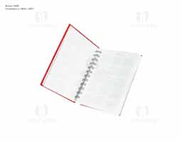 Agenda 2026 com capa emborrachada e encadernação em Wire-O metálico. Conta com páginas dedicadas para dados pessoais, calendários de 2025 a 2027, orçamento pessoal, planejamento mensal, espaço para anotações diárias e lista de contatos e aniversários.