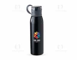 Garrafa 650ml em inox. Tampa plástica rosqueável com proteção para o bocal e alça emborrachada para transporte