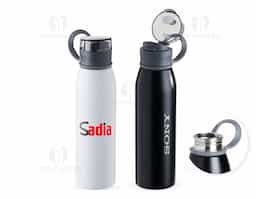 Garrafa 650ml em inox. Tampa plástica rosqueável com proteção para o bocal e alça emborrachada para transporte