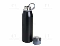 Garrafa 650ml em inox. Tampa plástica rosqueável com proteção para o bocal e alça emborrachada para transporte