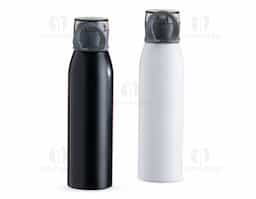 Garrafa 650ml em inox. Tampa plástica rosqueável com proteção para o bocal e alça emborrachada para transporte