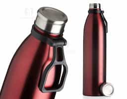 Garrafa de inox 1,1 litros com tampa rosqueável e alça plástica para transporte.