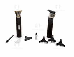 Máquina de cortar cabelo recarregável com lâminas em aço inoxidável, tampa plástica e corpo de alumínio. Acompanha 4 pentes plásticos (1mm, 2mm, 3mm e pente de proteção para as lâminas), escova de limpeza, óleo lubrificante e cabo USB-Tipo-C.Máquina de Cortar Cabelo Recarregável