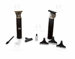 Máquina de cortar cabelo recarregável com lâminas em aço inoxidável, tampa plástica e corpo de alumínio. Acompanha 4 pentes plásticos (1mm, 2mm, 3mm e pente de proteção para as lâminas), escova de limpeza, óleo lubrificante e cabo USB-Tipo-C.Máquina de Cortar Cabelo Recarregável