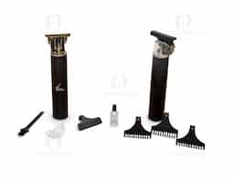 Máquina de cortar cabelo recarregável com lâminas em aço inoxidável, tampa plástica e corpo de alumínio. Acompanha 4 pentes plásticos (1mm, 2mm, 3mm e pente de proteção para as lâminas), escova de limpeza, óleo lubrificante e cabo USB-Tipo-C.Máquina de Cortar Cabelo Recarregável