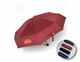 Guarda-chuva manual cápsula em poliéster de impacto impermeável e proteção UPF 50. Possui tecido interno em vinil com 8 varetas e estrutura em aço, pegador, botão de abertura e e alça de Nylon. Acompanha estojo protetor com alça.