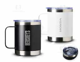 Caneca térmica de inox 390ml com parede dupla. Contém tampa acrílica com bocal e trava de segurança.