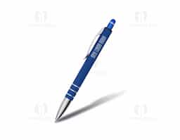 Caneta metálica touchscreen com acabamento emborrachado para aderência confortável. Acionamento por clique e carga esferográfica azul de 1.0mm para escrita suave e nítida.