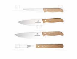 Kit churrasco em estojo de madeira, composto por três facas e um garfo. As facas são fabricadas em aço inoxidável de alta qualidade, garantindo durabilidade e precisão no corte de carnes. O garfo possui pontas afiadas para manuseio seguro dos alimentos durante o churrasco. O estojo de madeira oferece proteção e organização às peças, facilitando seu armazenamento e transporte. Ideal para entusiastas da culinária ao ar livre.