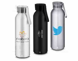 Garrafa em alumínio reciclado acabamento mate com capacidade 600ml. Tampa rosqueável em plástico e alça de transporte emborrachada.

