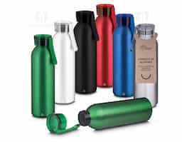 Garrafa em alumínio reciclado acabamento mate com capacidade 600ml. Tampa rosqueável em plástico e alça de transporte emborrachada.

