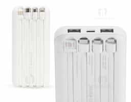 Carregador portátil power bank com 10.000mAh e carregamento via indução ou via cabo. Com display digital indicador de bateria, o carregador contém quatro cabos acoplados: Lightning, Tipo-C, V8 e saída USB para o carregamento da própria bateria. Portas de entrada: V8, Tipo-C e duas portas USB.