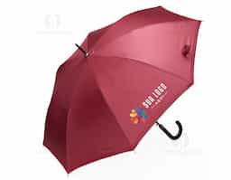 Guarda-chuva de poliéster de impacto impermeável com abertura automática, estrutura em aço e 8 varetas em fibra de vidro. Possui pegador plástico com botão de acionamento.