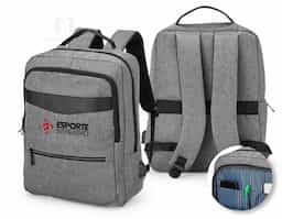 Mochila de nylon 22 Litros com detalhes em couro sintético e três compartimentos, sendo o principal com bolso para notebook 15,6. Mochila possui bolso lateral e suporte externo usb.