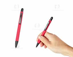 Caneta touchscreen metálica, acabamento emborrachado, acionamento por clique, e carga esferográfica azul de 1.0mm. Ideal para escrever com precisão em dispositivos touchscreen e papel.
