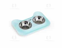 Conjunto de tigelas duplas em aço inoxidável para animais de estimação, projetado para alimentação e água. Duráveis e fáceis de limpar, ideais para garantir conforto e higiene para seus pets.