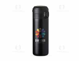 Garrafa térmica em inox com parede dupla, capacidade de 400ml. Tampa com botão central para abertura e borracha interna para vedação.