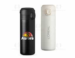 Garrafa térmica em inox com parede dupla, capacidade de 400ml. Tampa com botão central para abertura e borracha interna para vedação.