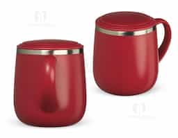Caneca 370ml parede dupla em Inox, com pegador de plástico, contém tampa plástica para vedação e base com EVA antiderrapante.