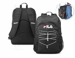 Mochila para notebook em 300D e 600D, ambos em poliéster reciclado (100% rPET) com elementos refletores. Possui 1 compartimento principal com 1 bolso multifuncional e bolso para notebook portátil até 15.6". Bolso frontal com zíper, 2 bolsos laterais em tela mesh e um elástico na frente para transporte de diferentes objetos. A parte posterior e alças são almofadadas. Capacidade até 18 L. 320 x 450 x 140 mm