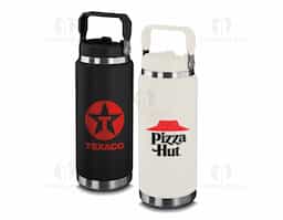 Garrafa térmica em aço inox com parede dupla com capacidade de até 900ml,tampa rosqueável com alça em plástico, permite-se hidratar por canudo ou bico,com e anel de silicone para vedação.