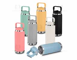 Garrafa térmica em aço inox com parede dupla com capacidade de até 900ml,tampa rosqueável com alça em plástico, permite-se hidratar por canudo ou bico,com e anel de silicone para vedação.