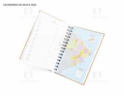 Agenda diária 2025 com espiral, material kraft, capa dura. Contém páginas de dados pessoais, calendário 2024 a 2025, orçamento pessoal, anotações, mapa do Brasil, mapa da América do Sul, mapa da América do Norte, mapa Mundi, mapa da Europa, mapa da África, mapa da Ásia, índice telefônico e planejamento.