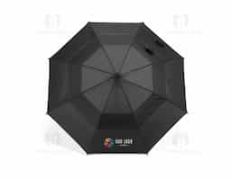 Guarda-chuva em 100% poliéster reciclado 190T (100% rPET), com varetas em fibra de vidro e pega em ABS reciclado. Guarda-chuva com abertura automática e à prova de vento. Fornecido em bolsa de poliéster reciclado. ø1055 x 840 mm
