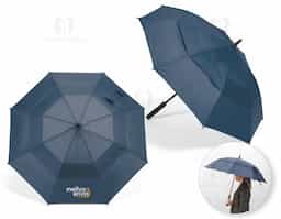 Guarda-chuva em 100% poliéster reciclado 190T (100% rPET), com varetas em fibra de vidro e pega em ABS reciclado. Guarda-chuva com abertura automática e à prova de vento. Fornecido em bolsa de poliéster reciclado. ø1055 x 840 mm