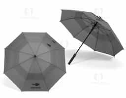 Guarda-chuva em 100% poliéster reciclado 190T (100% rPET), com varetas em fibra de vidro e pega em ABS reciclado. Guarda-chuva com abertura automática e à prova de vento. Fornecido em bolsa de poliéster reciclado. ø1055 x 840 mm