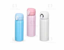 Garrafa 500ml em inox com botão e válvula para abertura. Possui um sistema de trava (basta mover para cima/baixo para abrir/fechar) pressione o botão central para abrir a tampa.