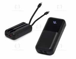 Carregador portátil plástico com 6.000mAh, com duas saídas, tipo C e lightning, display com indicador de bateria. Possui entrada tipo C e USB. Acompanha cabo tipo C.