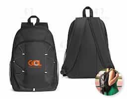 Mochila em 600D com detalhes em ripstop colorido. Bolso principal com zíper e bolsos laterais em tela mesh. Parte posterior e alças almofadadas. Contém diversos elementos refletores. Capacidade 16 L. 290 x 440 x 120 mm