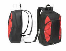 Mochila em 600D com detalhes em ripstop colorido. Bolso principal com zíper e bolsos laterais em tela mesh. Parte posterior e alças almofadadas. Contém diversos elementos refletores. Capacidade 16 L. 290 x 440 x 120 mm