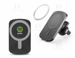 Suporte de carro com carregador magnético wireless rápido, feito de ABS reciclado e silicone. Fixação na ventilação do carro com clipe, entrada USB-C e cabo USB-A/USB-C para carregamento de até 15W. Inclui grip magnético extra para smartphones sem tecnologia de carregamento sem fio. Compatível com dispositivos que suportam carregamento wireless. Ideal para viagens seguras com o smartphone.