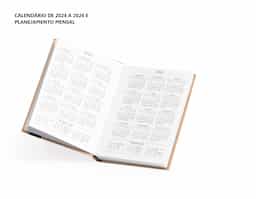 Agenda diária modelo 2026 de capa em kraft. Conta com páginas dedicadas para dados pessoais, calendários de 2025 a 2027, orçamento pessoal, planejamento mensal, espaço para anotações diárias e lista de contatos e aniversários.