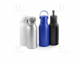 Squeeze em alumínio 100% reciclado com parede simples e acabamento mate. Tampa em PP com pega de silicone para fácil transporte. Capacidade até 700 mL. Fornecido em caixa presente em papel kraft. Certificação EU Food Grade. ø73 x 213 mm