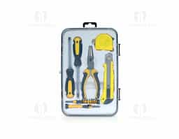 kit ferramentas 7 peças em estojo plástico com trava de segurança. Acompanha chaves Philips e fenda com ponteira magnética, trena de 2 metros, estilete, alicate e duas chaves de precisão, Philips e fenda.