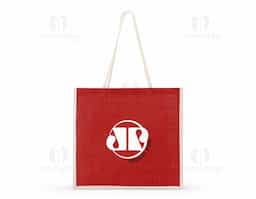 Sacola ecológica de juta, resistente e sustentável, com alças costuradas internamente para maior durabilidade. Ideal para compras e uso diário.