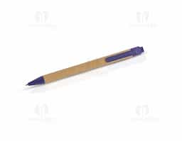 A caneta é feita de papelão, com detalhes plásticos que proporcionam um design simples e funcional. Possui carga esferográfica azul, garantindo uma escrita suave e de qualidade. O acionamento é feito por clique, oferecendo praticidade no uso diário. Ideal para quem busca um item de escrita acessível e eficiente.