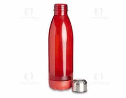 Garrafa translucida de plástico com capacidade para 700ml, possui uma base na respectiva cor leitosa e uma tampa de alumínio com rosca.