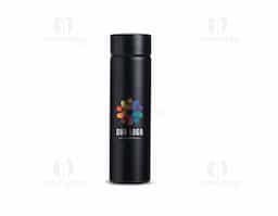 Garrafa térmica de parede dupla em inox, capacidade de 400ml. Tampa com display touch screen de temperatura em led, acompanha infusor de bebidas.