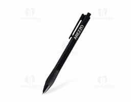 Caneta plástica com detalhe emborrachado para maior conforto, tinta esferográfica azul e acionamento prático por clique.