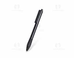 Caneta plástica com detalhe emborrachado para maior conforto, tinta esferográfica azul e acionamento prático por clique.