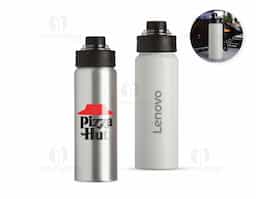 Squeeze em alumínio de 800ml com tampa rosqueável, bocal com proteção plástica e alças de nylon e plástico. Ideal para manter a hidratação com praticidade no dia a dia ou em atividades físicas.