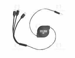Cabo USB retrátil com as entradas Lightning/iPhone, V8/Android e Tipo-C/Android. Suporte com rolamento e trava automática. Suporte com frente lisa e parte traseira com área para aplicação de adesivo ou etiqueta resinada.